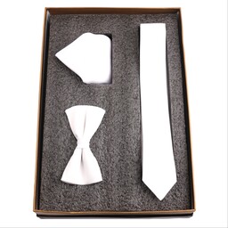 ست کراوات، پاپیون و دستمال جیب(کت) رنگ سفید مناسب دامادی ، خانمها و بچگونه و کودکان 12 سال به بالا ، همراه با جعبه شیک