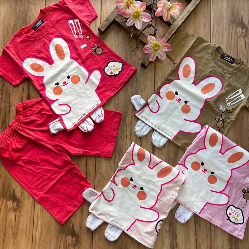 تیشرت شلوارک خرگوش پادار بچگانه دخترانه سایزهای 40 و 45
