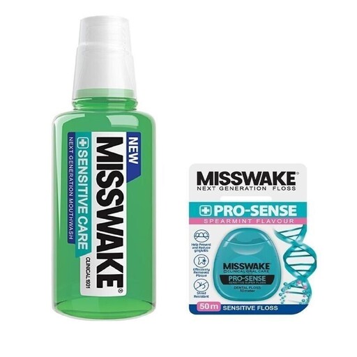 دهانشویه - Misswake میسویک مدل Sensitive Care حجم 400 میلی لیتر به همراه نخ دندان مدل Pro Sense
