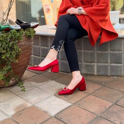 کفش پاشنه مکعب مجلسی زنانه مزون دوز زیره دافوس و قالب کار ترک مدل (تانسو)رنگ قرمز