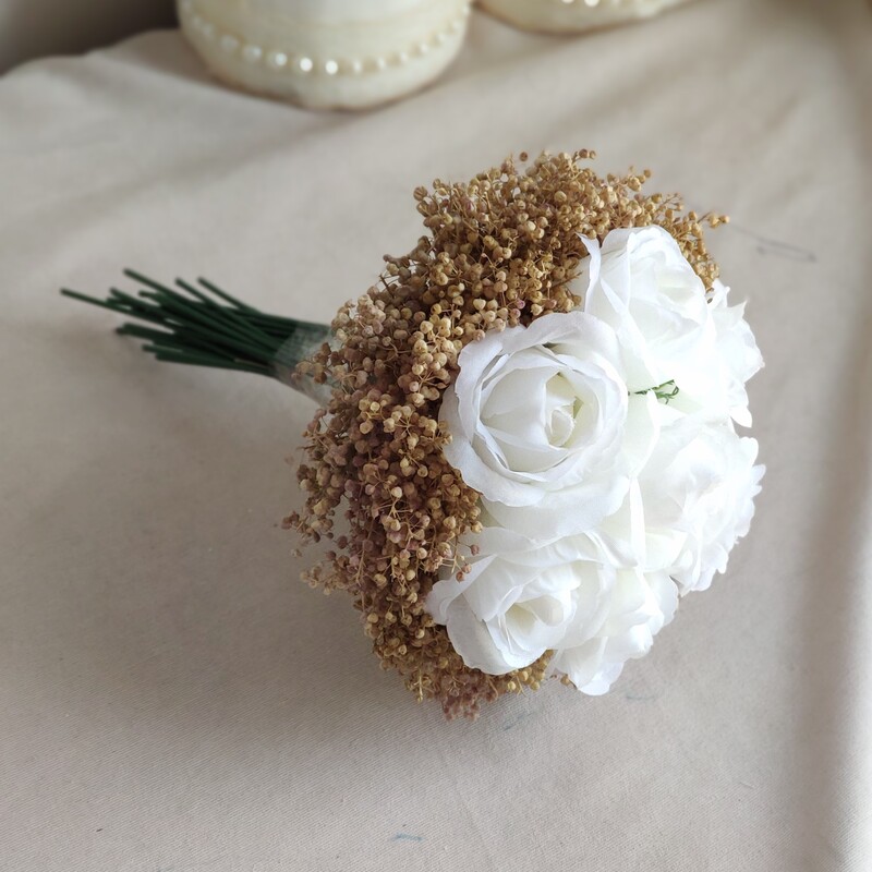 دسته گل عروس رز مصنوعی نقلی سفید 