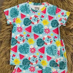 ست راحتی بچگانه 3سال تا 9سال تیشرت شلوارک  طرح هاوایی هندوانه  لباس خونگی اسپرت ، جنس پنبه صد در صد
