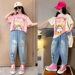 ست تیشرت نخی و شلوار جین دخترانه وارداتی چینی سایز 6 تا 12 سال رنگ صورتی و لیمویی