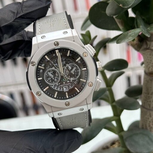 ساعت مردانه هابلوت Hublot طوسی بند و قفل حکاکی شده با جعبه و ارسال رایگان کد طوسی