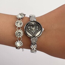 ساعت مچی زنانه jewellery  دو تیکه جواهری طرح قلب صفحه مشکی