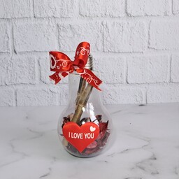 لامپ دکوری  طرح I Love U با تزئین گل برگ خشک و پاپیون قرمز
