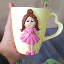 ماگ عروسکی دستساز  طرحدختر صورتی سایز بزرگ قابل شستشو و استفاده