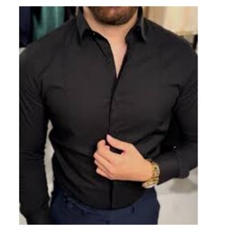 پیراهن مشکی مردانه آستین بلند ساده  جنس الیاف طبیعی پیراهن   سیاه نخی