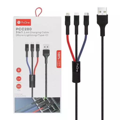 کابل شارژ تبدیل USB به Type-C - MicroUSB - لایتنینگ برند پرووان ProOne مدل PCC280 مشکی کد 74327