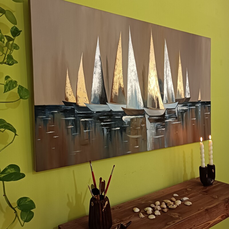 تابلو نقاشی دکوراتیو  برجسته طرح قایق تمام کار دست اجرا از سارینا گالری