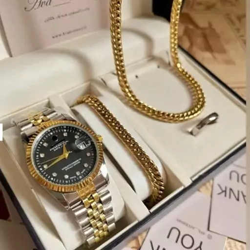 ساعت ست مردانه کامل رولکس rolex استیل همراه دستبند ، گردنبند و حلقه