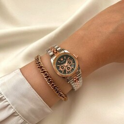 ساعت زنانه رولکس طرح سه موتور صفحه مشکی نقره ای رزگلد همراه دستبند