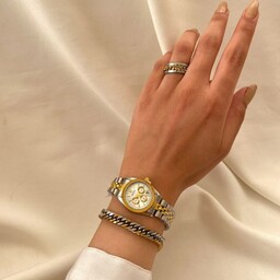 ساعت مچی زنانه رولکس طرح سه موتور صفحه سفید همراه دستبند و حلقه انگشتر