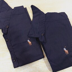پیراهن مردانه راه راه طرح پلو در رنگ مشکی با خطوط عمودی بنفش تا یاسی درسایزهایL. XL. 2XL. 3XL