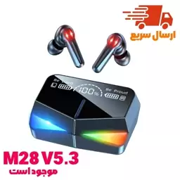 ایرپاد هنذفری بلوتوثی بیسیم مدل M28 ورژن 5.3 پاوربانک دار رقص نور RGB  با کیفیت و زیبا