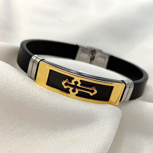 دستبندچرمی مردانه، دستبند اسپرت طرح صلیب رنگ طلایی