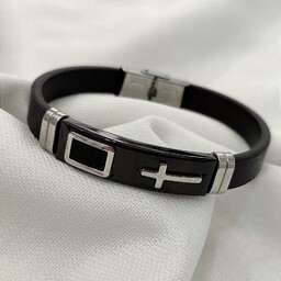 دستبندچرمی مردانه سفیدمشکی دستبند اسپرت طرح صلیب محصول شماره 35