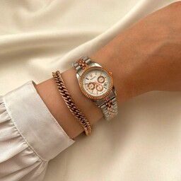ساعت زنانه رولکس طرح سه موتور نقره ای رزگلد صفحه سفید همراه دستبند