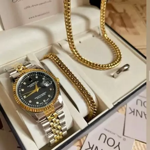 ساعت مچی ست مردانه کامل رولکس rolex استیل همراه دستبند ، گردنبند و حلقه