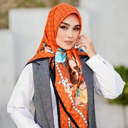 روسری ابریشم توییل وارداتی طرح گوچی قواره 140 رنگ نارنجی
