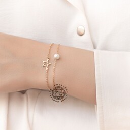 دستبند دخترانه استیل ستاره و مروارید (رنگ ثابت و ضدحساسیته)