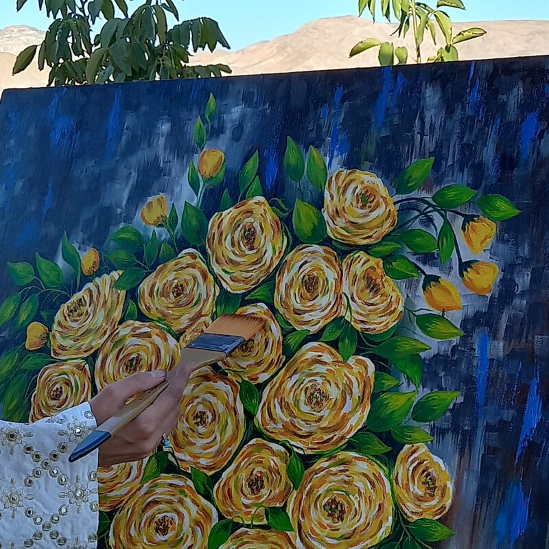 تابلوی نقاشی گلهای رز زرد رنگ روغن 