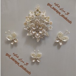 گل کریستالی مگنتی مخصوص تزئین یخچال به همراه سه عدد پروانه، مجموعه 4 عددی مدل رز، رنگ صدفی-لب طلایی، مگنتی ضد خط و خش.