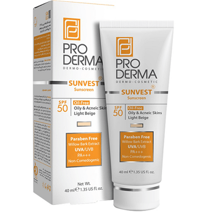 پرو درما کرم ضد آفتاب بژ روشن فاقد چربی ProDerma Light Beige Oil Free Sunscreen Cream SPF50 40ml