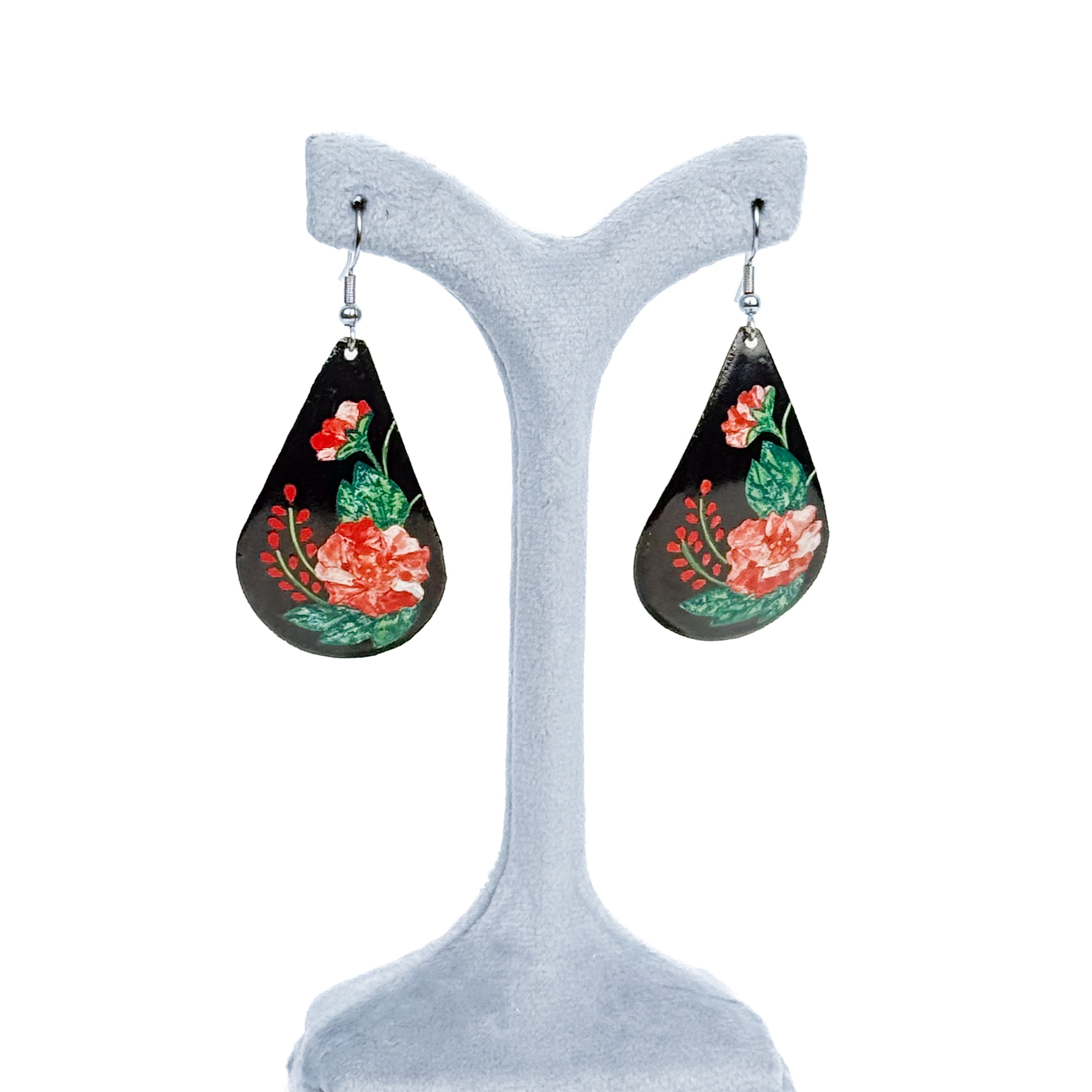 گوشواره دستساز میناکاری، طرح اشک، مشکی قرمز، کدA0132
