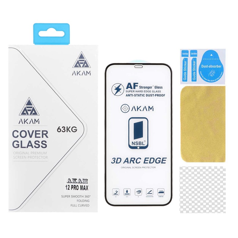 گلس گوشی iPhone 12 Pro Max آیفون شیشه ای AKAM مدل Full Cover Anti Static اورجینال به همراه دستمال و پد سیلیکونی ترمز گیر