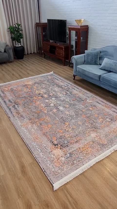 فرشینه طوسی با گل های نارنجی و خردلی، کد L 128 (پس کرایه)