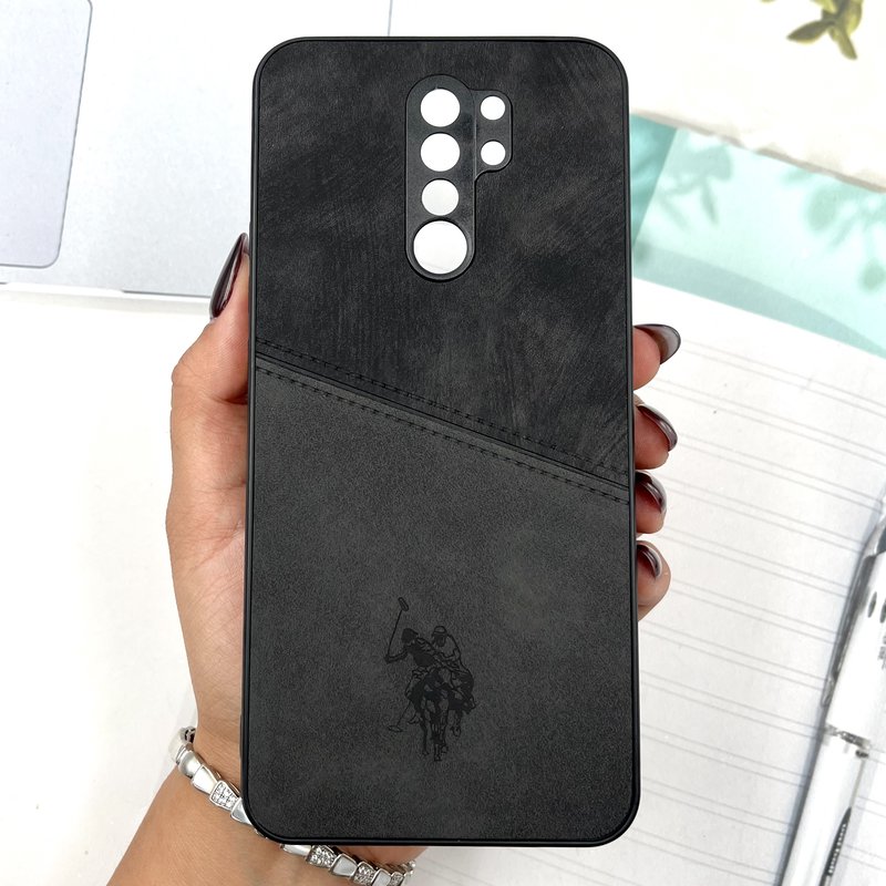قاب گوشی Redmi 9 / Poco M2 شیائومی Polo Cover چرم طرح دوخت پولو محافظ لنز دار مشکی کد 191342