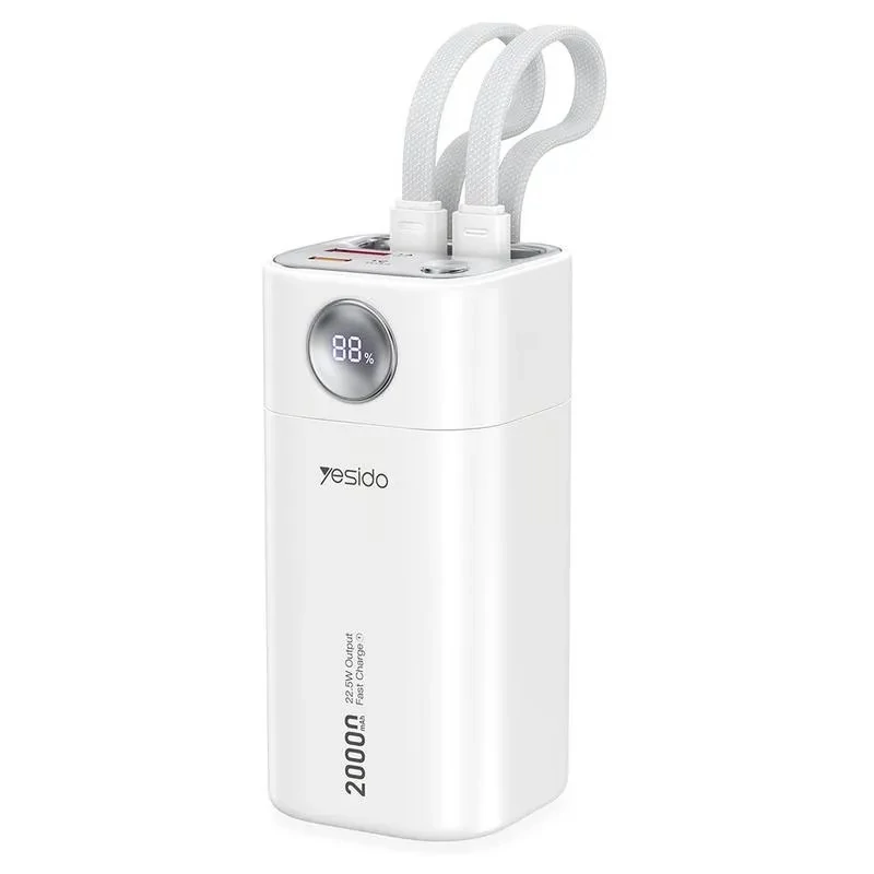 پاوربانک 20000 میلیآمپرساعت یسیدو مدل YP86، شارژ سریع 22.5 وات با کابل داخلی USB-C و Lightning، نمایشگر دیجیتال