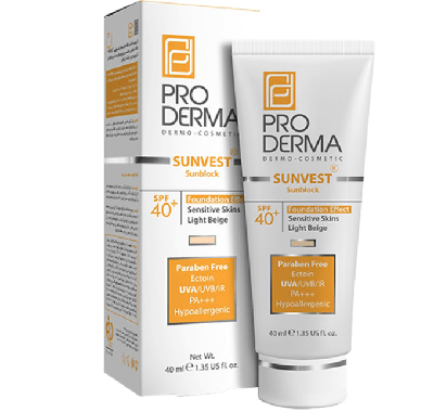 پرو درما کرم ضد آفتاب رنگ لایت بژ SPF40 فیزیکی مناسب پوست حساس ProDerma Sunvest Light Beige Physical Sunblock Foundation