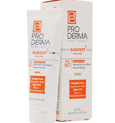 پرو درما کرم ضد آفتاب مرطوب کننده رنگ نچرال بژ spf 60 مناسب پوست معمولی و خشک Proderma Sunvest Natural Beige SPF60 