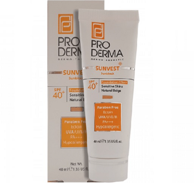 پرو درما کرم ضد آفتاب رنگ نچرال بژ SPF40 مناسب پوست حساس فاقد جاذب های شیمیایی ProDerma Sunvest Natural Beige Physical 
