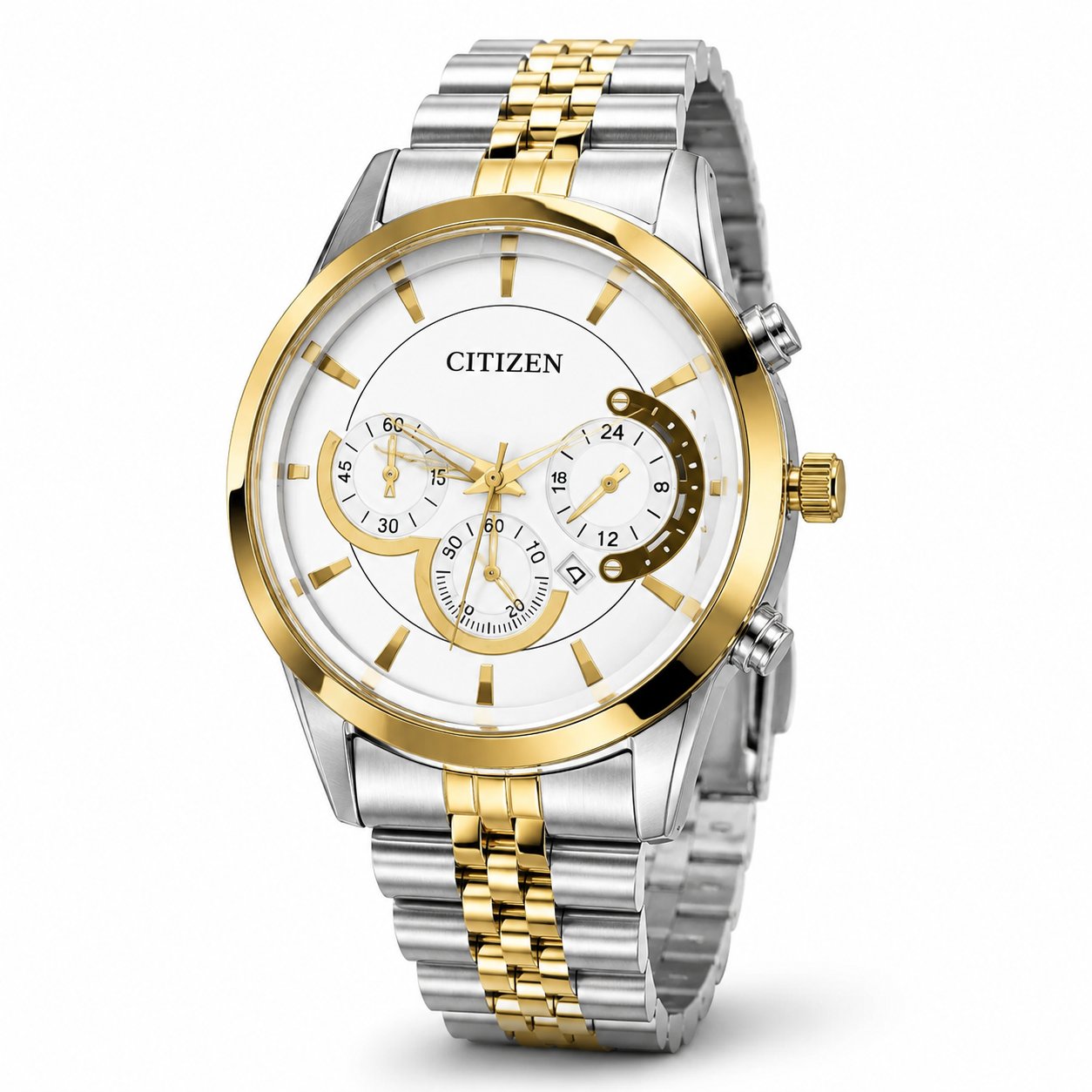 ساعت مردانه مچی لوکس سیتیزن – صفحه سفید با بند دو رنگ (Citizen Two‑Tone Stainless Steel Dress Watch)