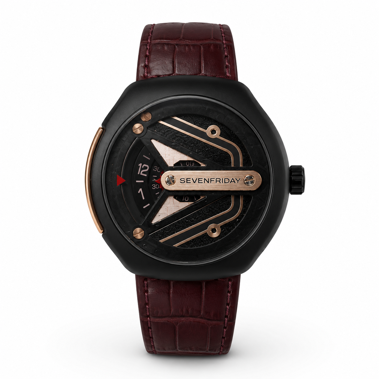ساعت مچی SevenFriday – نسخه Black & Burgundy Rose Gold | طراحی صنعتی لوکسSEVENFRIDAY