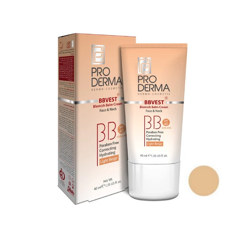 بی بی کرم پوشاننده و مرطوب کننده صورت رنگی بژ روشن پوست های چرب و جوشدار SPF40 پرودرما 40 میل
