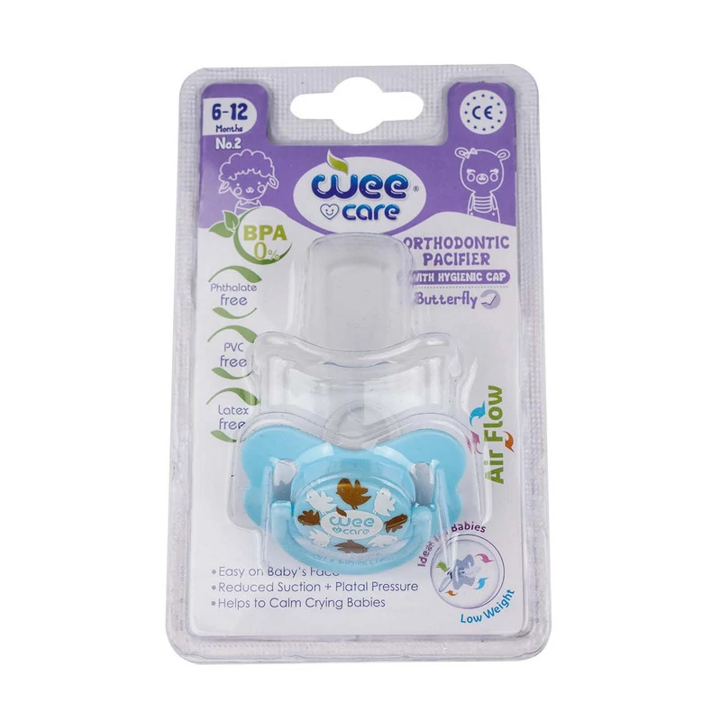 پستانک ارتودنسی وی کر مدل سفید چاپدار دربدار پروانه سایز6تا12ماه (Wee Care-P125)