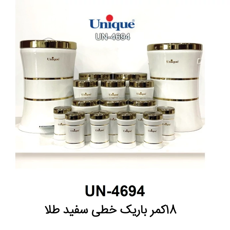 سرویس آشپزخانه 18 پارچه کمر باریک خطی سفید طلا یونیک کد UN-4694 (پس کرایه)