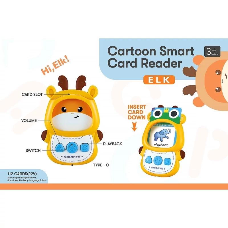 فلش کارت صوتی آموزشی با 112 کارت دو طرفه انگلیسی طرح گوزن مدل Smart Cartoon Card Reader 8804