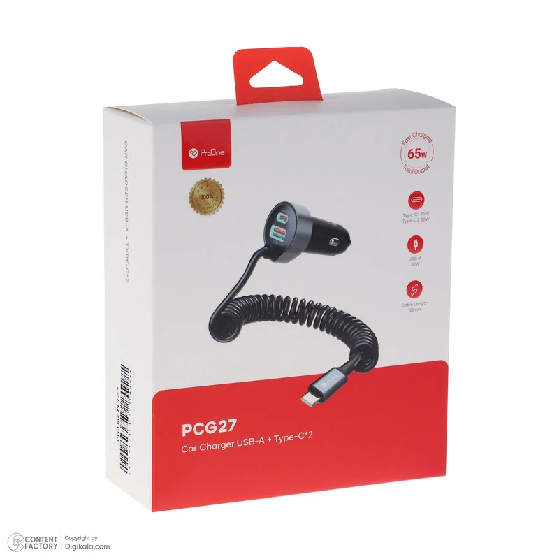 شارژر فندکی 65 وات دو پورت پرووان با کابل تایپ سی PCG27 ProOne PCG27
