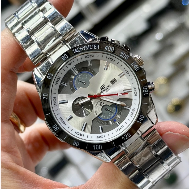 ساعت مچی مردانه EDIFICE CASIO سه موتوره نقره‌ای طلایی