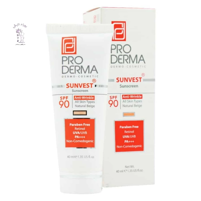 کرم ضد آفتاب SPF60 پرودرما (ProDerma) مدل بی رنگ سان وست (Sunvest) مناسب پوست نرمال و خشک حجم 40 گرم