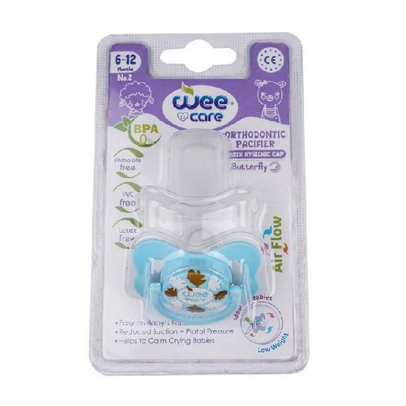 پستانک ارتودنسی وی کر مدل دربدار دسته دار مات چاپدار پروانه ای سایز 6-12 ماه کد P125 ارسال پس کرایه