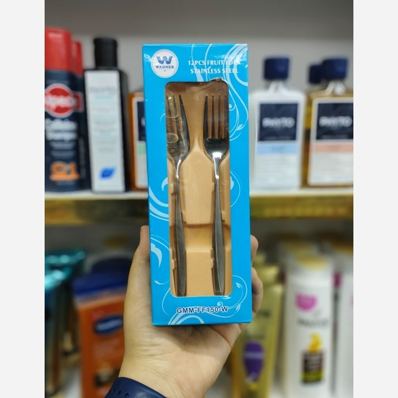 چنگال میوه خوری طرح ماینز بسته 6 عددی جنس فولاد زد زنگ ضخامت 2 میل 