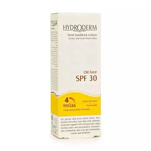 لوسیون ضد آفتاب هیدرودرم سری توتال فاقد چربی SPF30 حجم 75 میلی لیتر
