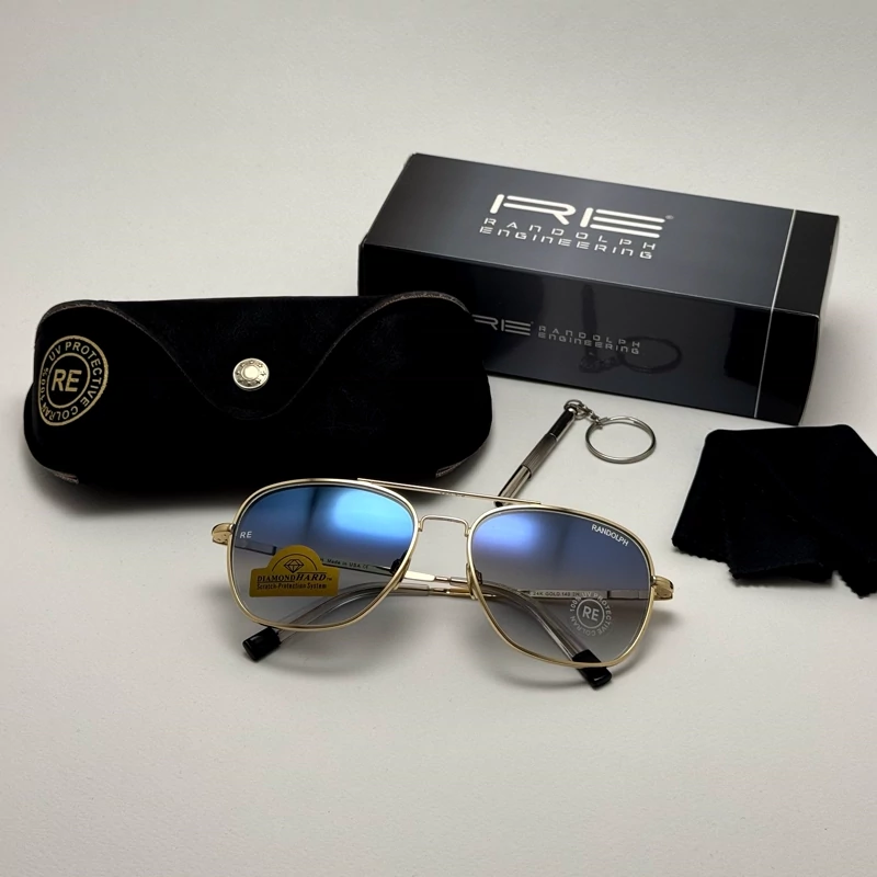عینک آفتابی خلبانی رندولف شیشه سنگ آنتی رفلکس مشکی فریم طلایی فول پک RANDOLPH AVIATOR RE 58 24K GOLD