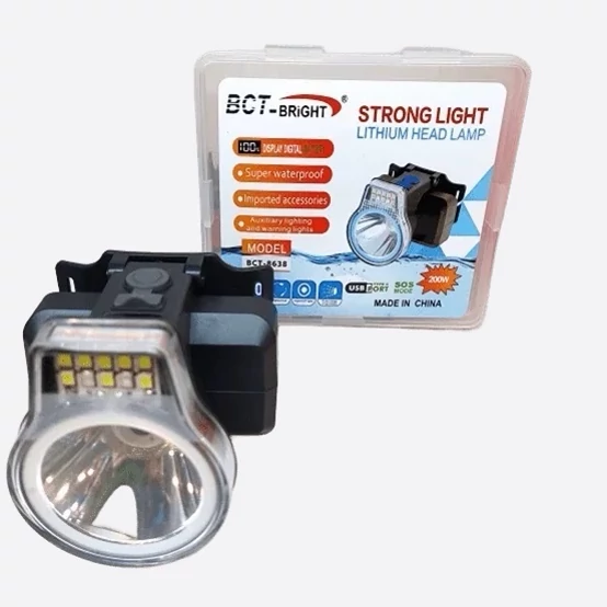 چراغ پیشانی BCT BRIGHT مدل BCT-8638 ضد آب پرقدرت و باکیفیت مقاوم در برابر آب و رطوبت - هدلایت هدلامپ بادو باطری لیتیومی